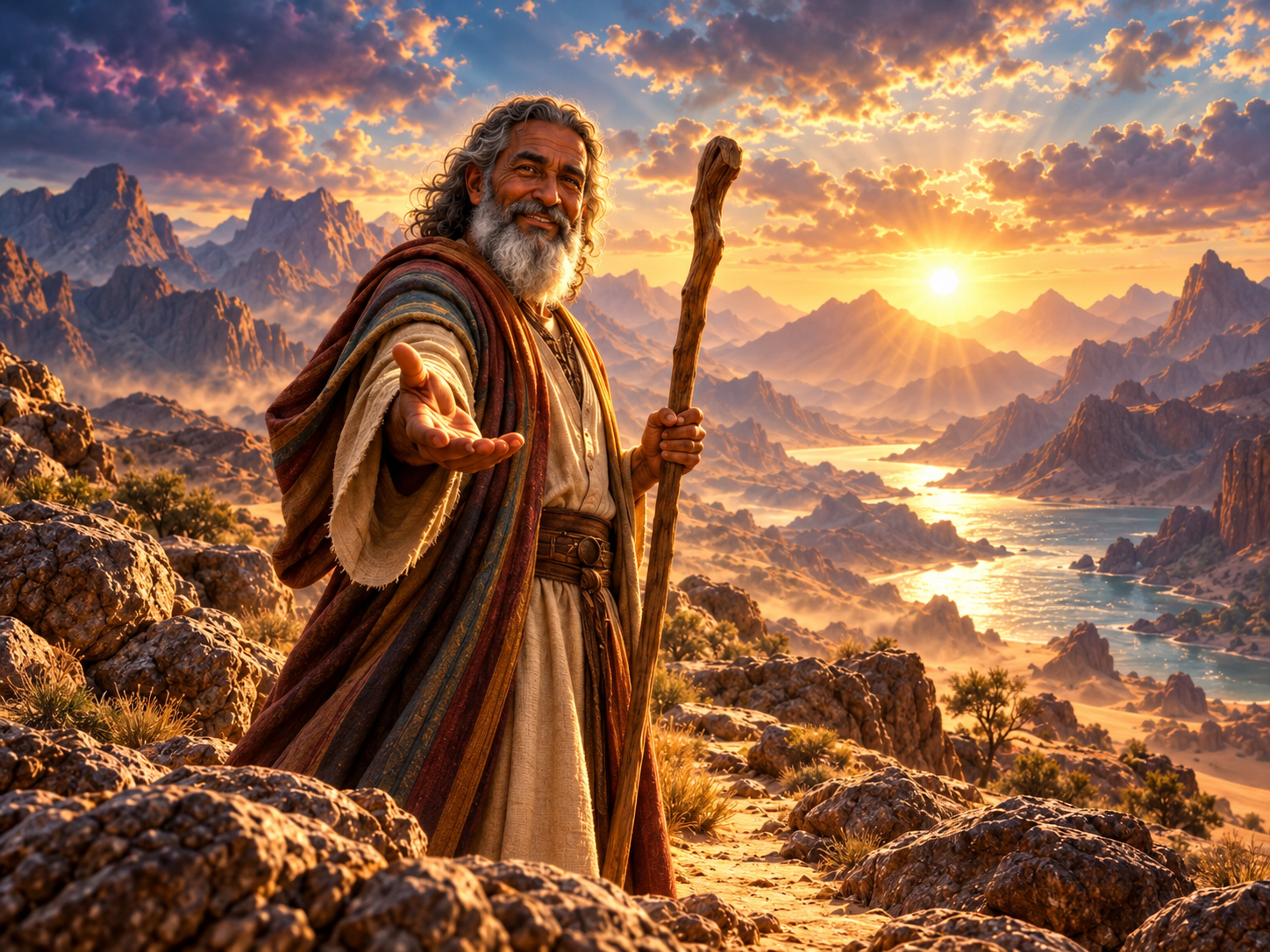 An imagined portrait of Moses in the golden wilderness.